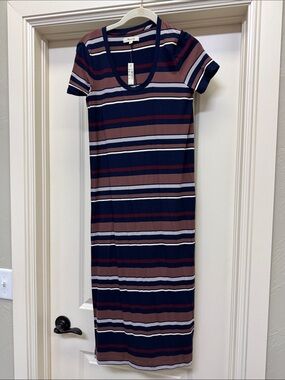 Madewell Navy, Brown and White Striped Scoop-Neck Midi Dress
